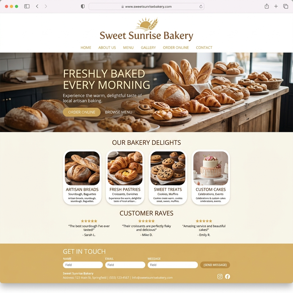 Sweet Sunrise Bakery website showcasing online ordering and menu