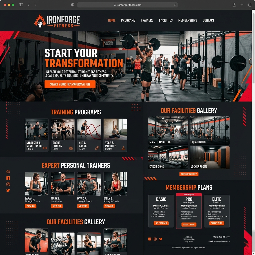 IronForge Fitness website with membership plans and trainer profiles