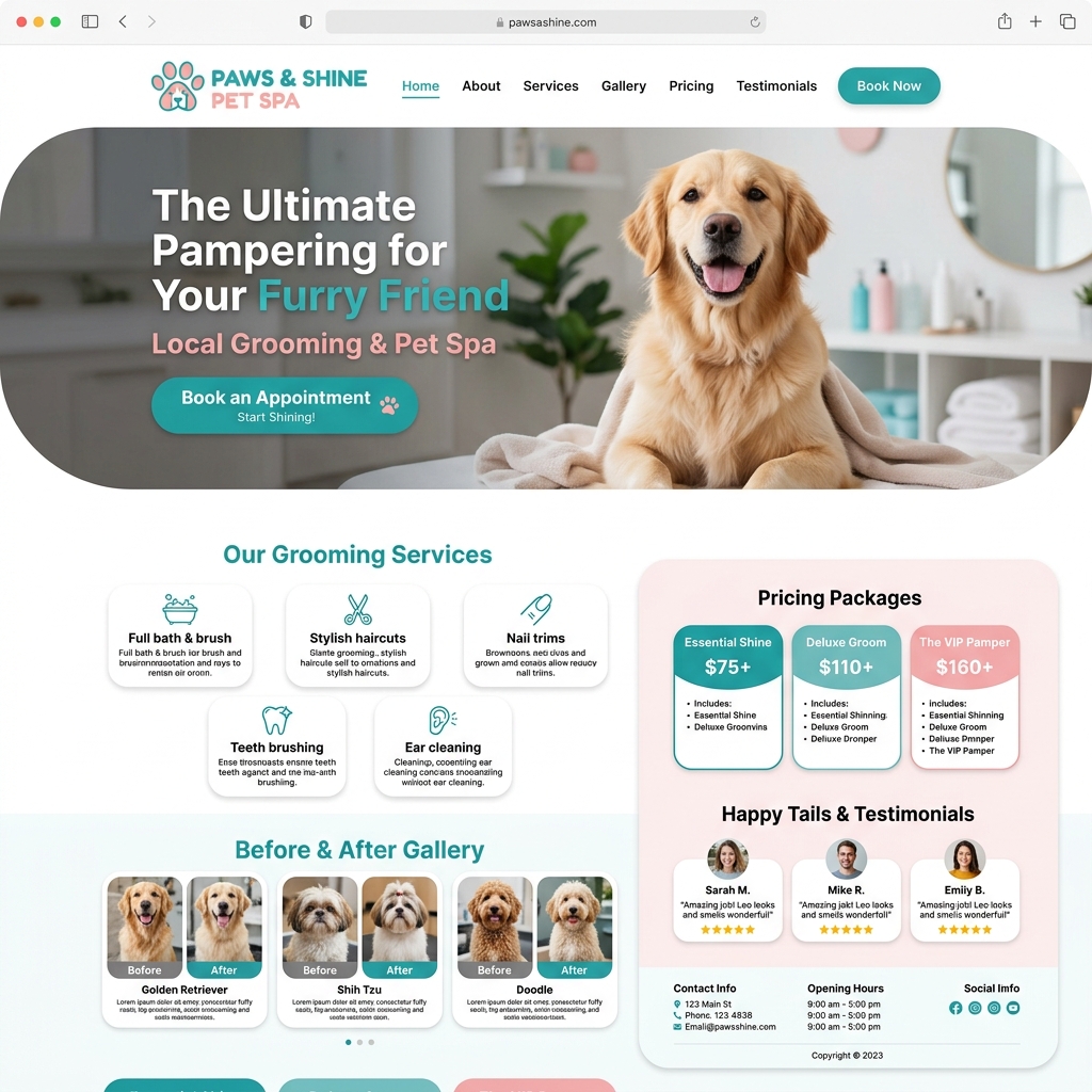 Paws and Shine Pet Spa website with appointment booking and gallery