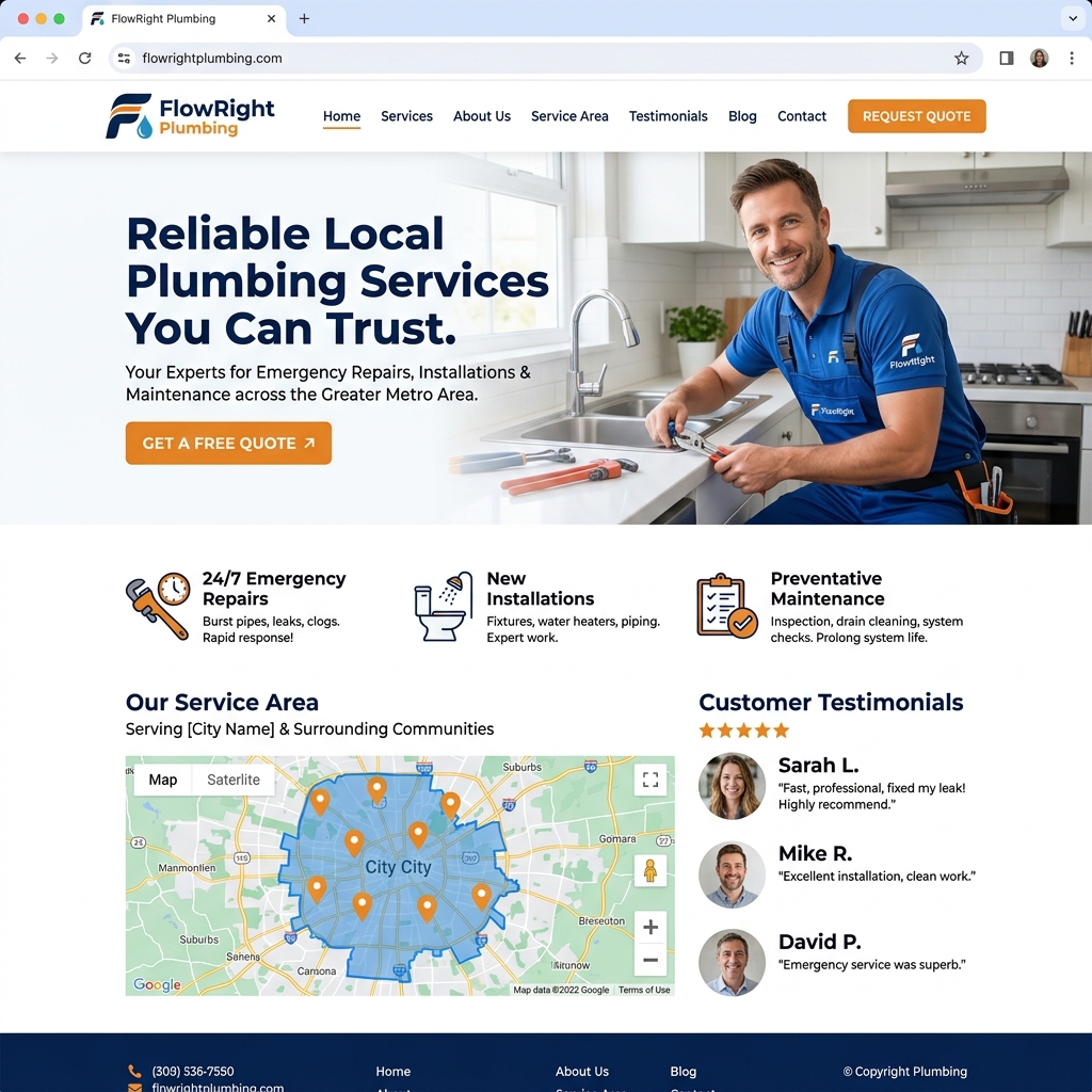 FlowRight Plumbing website with service booking and emergency contact