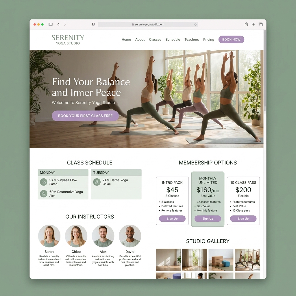 Serenity Yoga Studio website with class scheduling and instructor profiles
